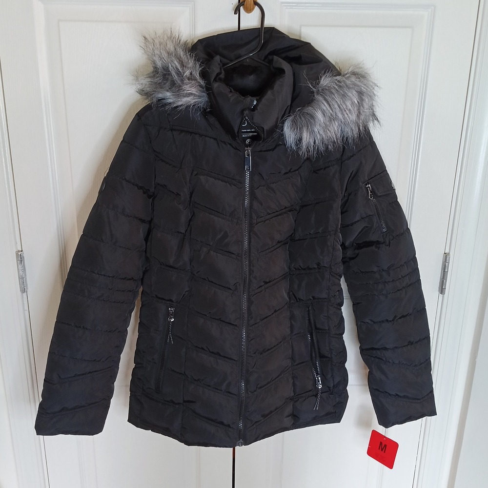 Nautica Puffer Jacket Womens Medium Black Excellent Quilted Faux Fur Hood Parka